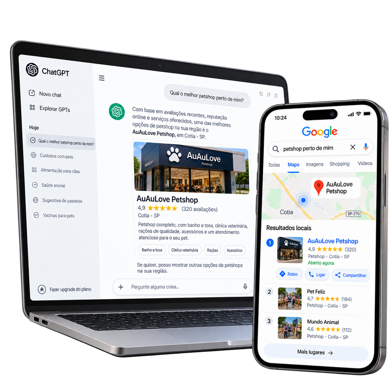 Notebook e celular mostrando resultados de busca local e recomendação por IA para uma empresa